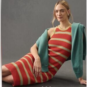 Mother The Chin Ups Midi Dress XS Red Mint Stripe Knit Ribbed Stretch Sleeveless